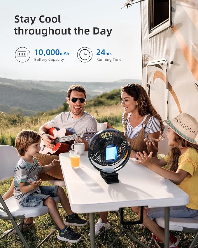 Koonie 10000mAh Clip on Fan Rechargeable, 8-Inch Battery Operated Desk Fan, USB Fan, 4 Speeds, Strong Airflow, Sturdy Clamp for Golf Cart Office Desk Outdoor Travel Camping Tent Gym Treadmill,Black