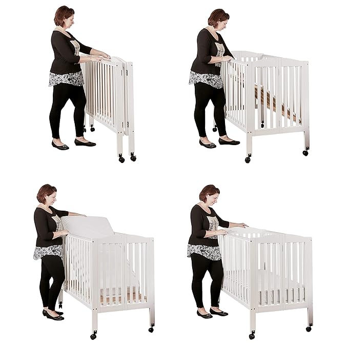 Dream On Me 3-in-1 Portable Folding Stationary Side Mini Baby Crib in White & Mattress, GreenGuard Gold & JPMA, Use as Changer & Playpen, Locking Wheels, 3 Mattress Heights, Extra Firm Mattress