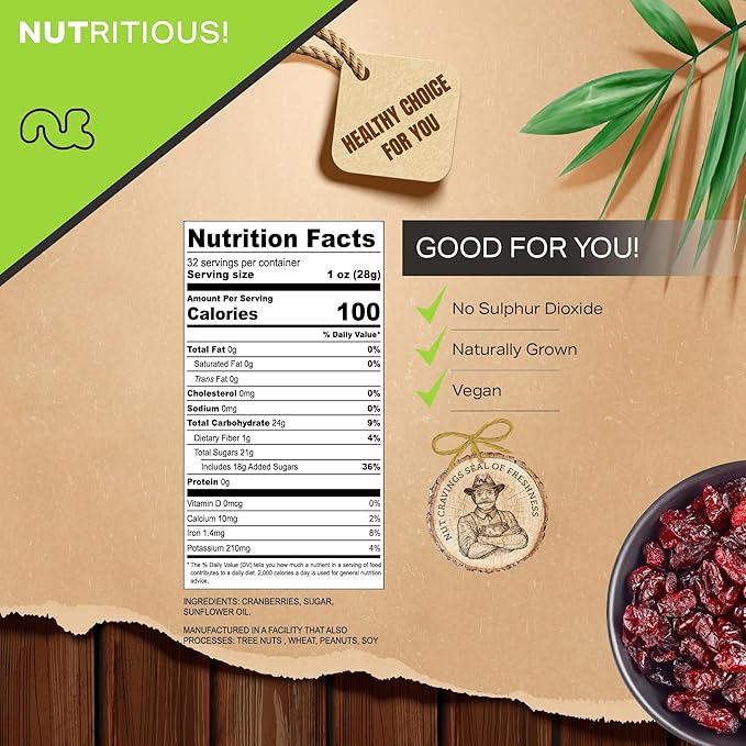 NUT CRAVINGS - Sun Dried Whole Cranberries, Lightly Sweetened (32oz, 2 LB) Bulk Dry Fruits Packed Fresh in Resealable Bag - Sweet Healthy Snack, Naturally Grown, Vegan, Kosher