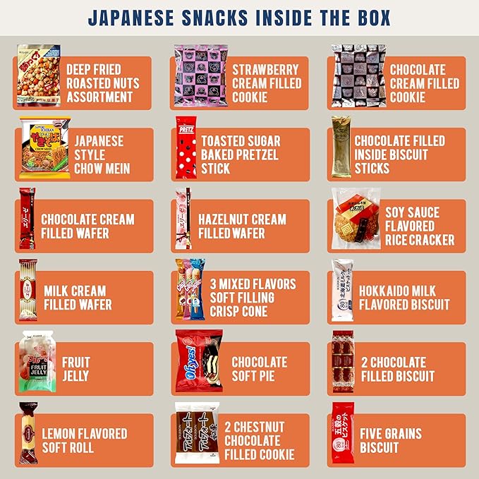 Dagaon Japanese Snack Box 42 Count - Variety of Dagashi Box - Biscuits, Cookies, Pies, Crackers, Candies, Ramen and More from Japan. Perfect appetizing snacks for any occasions, gifts and everyone.