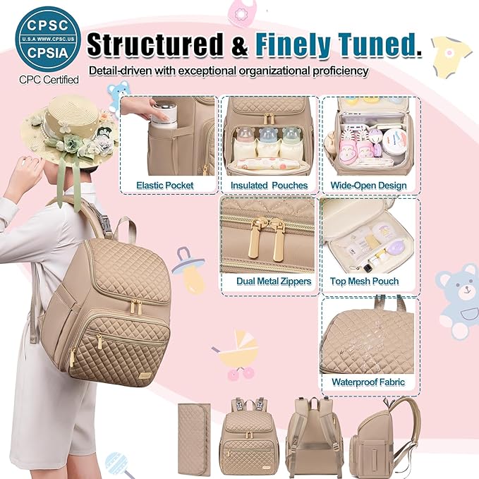 Weitars Diaper Bag Backpack Large Baby Diaper Bag with Changing Pad Travel Diaper Backpack,Baby Bag for Boys Girls,Stroller Straps,5 Insulated Pockets (Khaki)