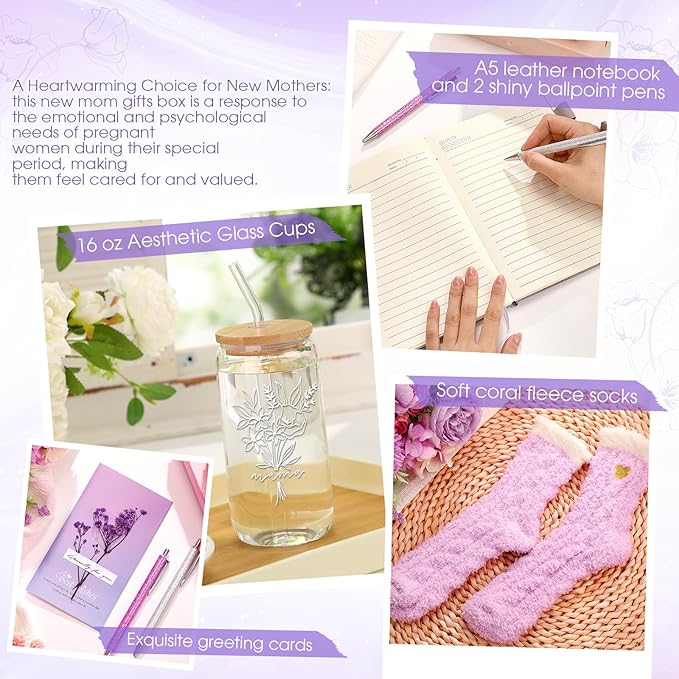 LemonRoad 6 Pcs New Mom Gifts, Pregnancy Gift for Expecting Mom, Baby Shower Favor for New Mommy After Birth, Aesthetic Flower Tumbler Notebook Pen Sock Dried Flower Greeting Card for Mommy(Purple)