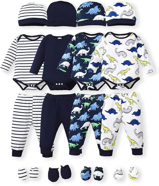 NZRVAWS Newborn Baby Boy Girl Clothes Unisex Infant Romper Pants Set Hat 4-Pack Outfits 0-12 Months 16 Pieces Toddler