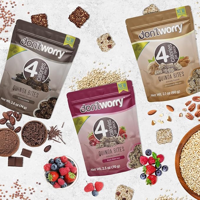 Don't Worry Chocolate Quinoa Crisps | Healthy Low Calorie Keto Snacks with Puffed Quinoa & Almond Pecan | Gluten Free & High Protein Crispy Bites | Only 4 Calories Each – 4 Pack
