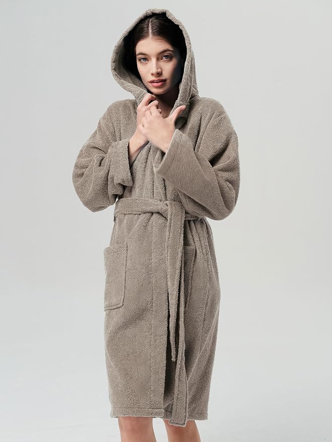 SIORO Womens Hooded Terry Cloth Robe, Cotton Absorbent Knee-Length Bathrobe, Housecoat with Pockets for Spa & Shower