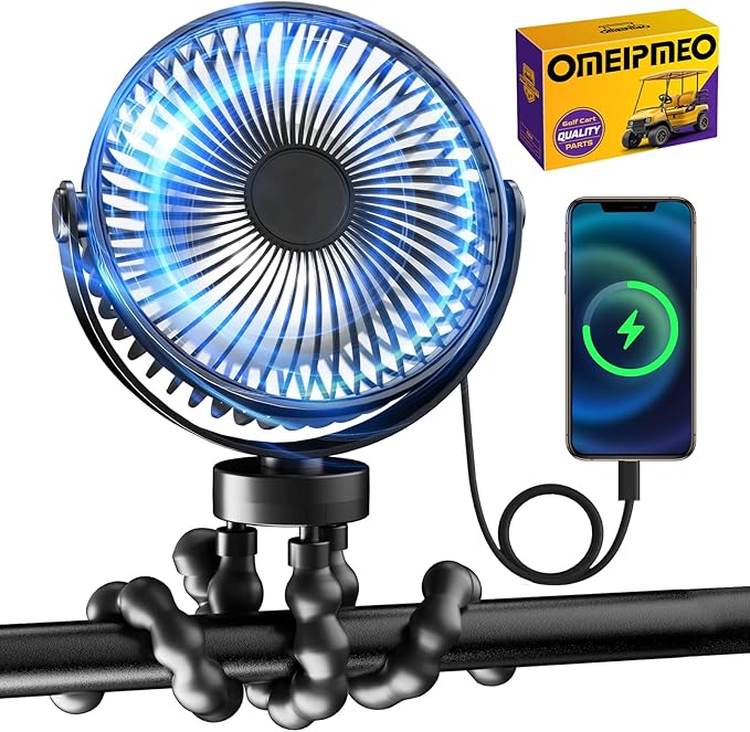 Rechargeable Golf Cart Fan, 12000mAh Stroller Fan, Adjustable 4 Speeds, LED Light, Power Bank, 360° Rotation, Portable Clip on Fans with Flexible Tripod for Club Car EZGO Yamaha