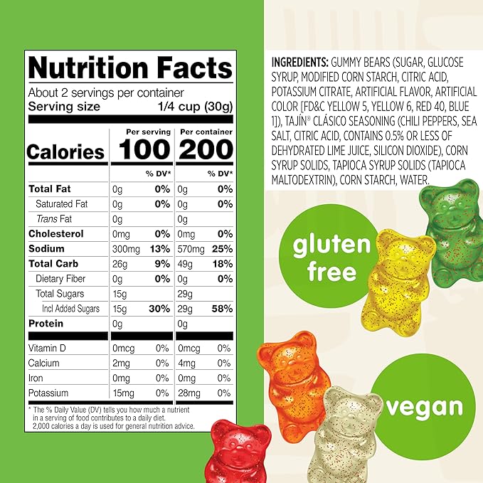 Snak Club Tajin Gummy Bears, Assorted Fruit Candy Gummies with Chili and Lime Seasoning, Mild, Gluten-Free and Vegan Snacks, 2 oz Snack Bags, 12 Pack