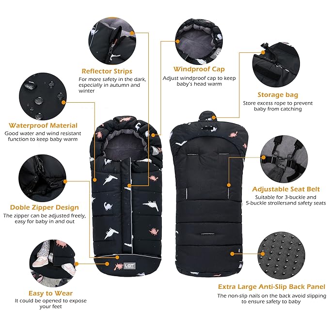 LAT Baby Warm Bunting Bag Universal,Stroller Sleeping Bag Cold Weather,Waterproof Toddler Footmuff(Basic,Black Dinosaur)