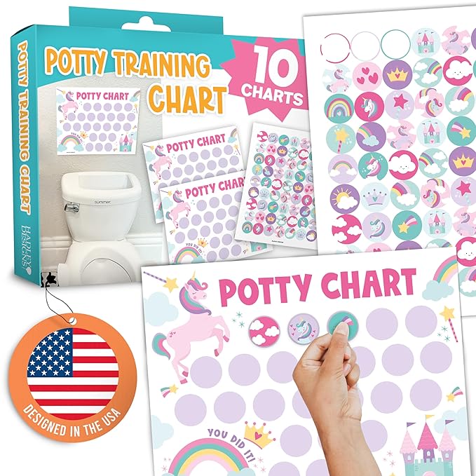 Hadley Designs Potty Training Chart for Girls with Fun Reward Stickers – 10 Potty Chart for Toddlers Girls, 8.5x11" Potty Training Sticker Chart for Toilet Success, Unicorn Reward Chart for Kids