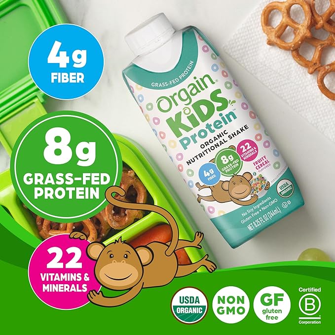 Orgain Organic Kids Nutritional Protein Shake, Fruity Cereal - Kids Snacks with 8g Dairy Protein, 22 Vitamins & Minerals, Fruits & Vegetables, Gluten Free, Soy Free, Non-GMO, 8.25 Fl Oz (Pack of 12)