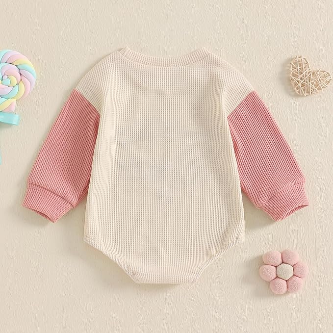 SAYOO Aunties Bestie Baby Girl Clothes Letter Embroidery Waffle Color Block Sweatshirt Bodysuit Fall Bubble Romper Pullover
