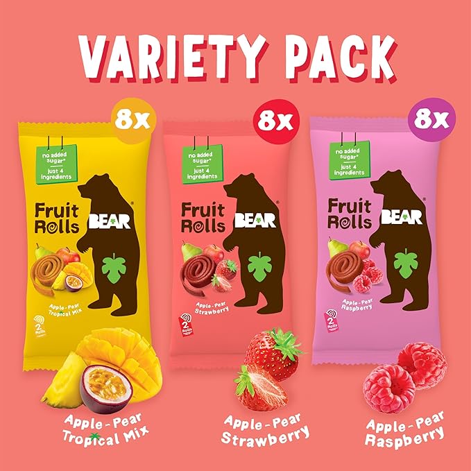 BEAR Real Fruit Snack Rolls - Gluten Free, Vegan, and Non-GMO - Variety Pack (Strawberry, Raspberry, Tropical)) – Healthy School And Lunch Snacks For Kids And Adults, 0.7 Ounce (Pack of 24)