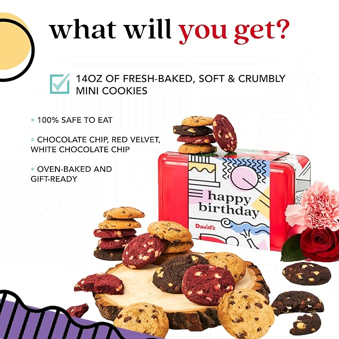 David’s Cookies Happy Birthday Mini Cookies Gift Tin – 14oz Fresh Baked Assorted Cookie Bites in Chocolate Chip, White Chocolate Chip & Red Velvet – Dessert Gift for Birthday Party & Special Occasions