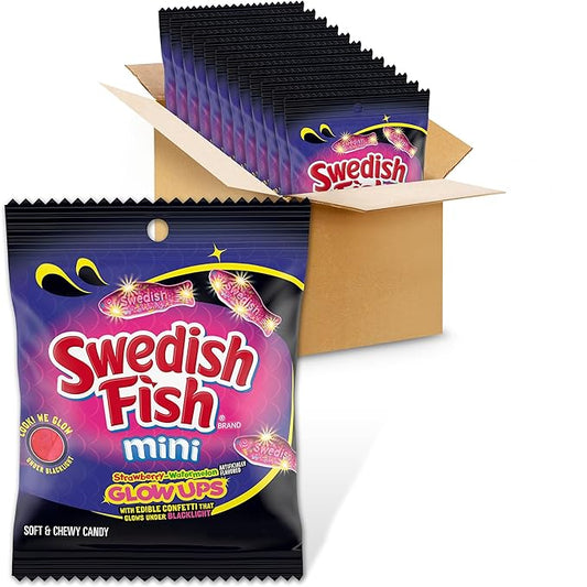 SWEDISH FISH Mini Glow Ups Strawberry-Watermelon Soft & Chewy Candy, Bulk Candy, 12-3.08 oz Bags