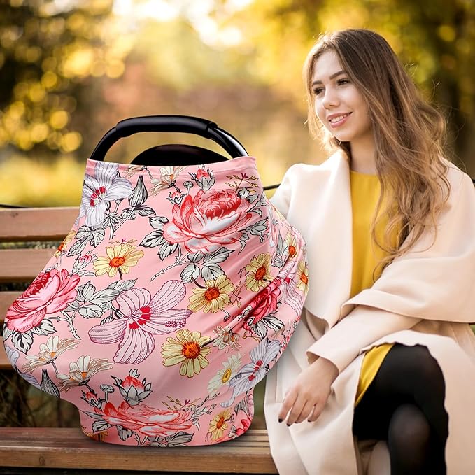 Pink Baby Car Seat Cover Girls, Infant Carseat Canopy, Stretchy Multi- use Nursing Cover for Stroller/High Chair/Shopping Cart/Car Seat Canopies (Floral)