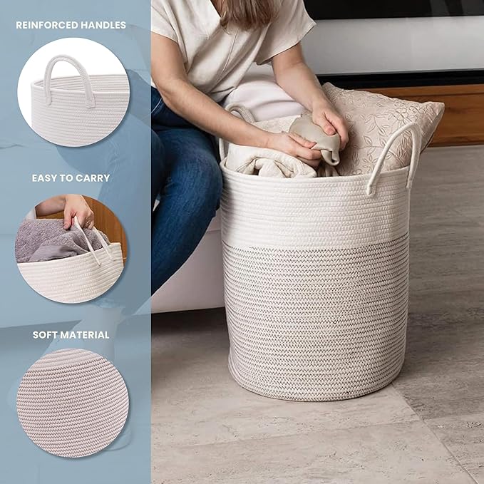 OrganiHaus White Baby Hamper Basket 15x18 | Toy Basket Storage for Kids | Large Woven Baskets for Storage | Round Laundry Basket | Blanket Holder for Bedroom | Boho Blanket Basket for Living Room