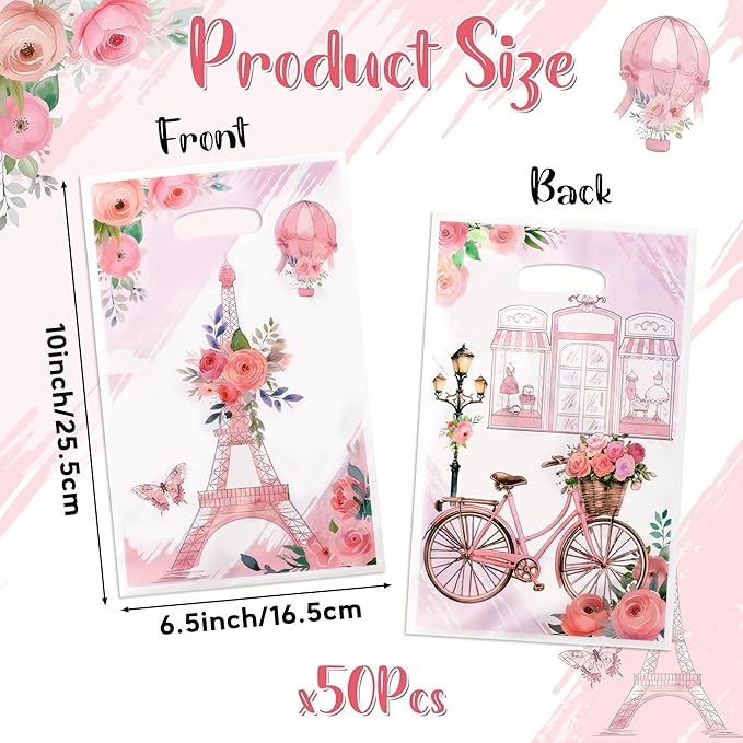 Paris Party Favor Bags 50Pcs Pink Floral Paris Goody Candy Treat Gifts Bags, City Landscape Themed Party Decorations for Kids Girls Women Birthday Wedding Pink Theme Events Supplies
