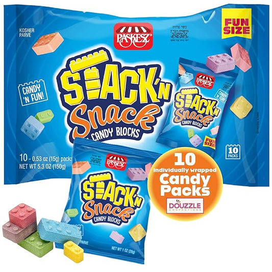 DOUzzle Back To School Stack 'n Snack Candy Blocks, Edible Building Bricks Blox (10 Count, 1 Pack) Individually Wrapped, Party Favor, Goodie Bag & Pinata Filler - Kosher Parve