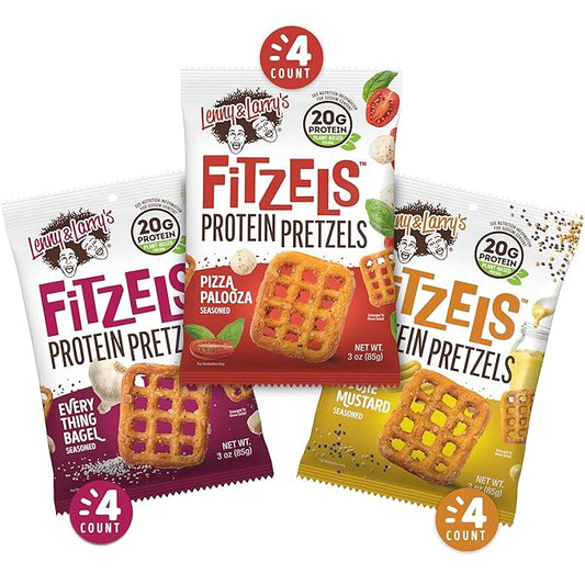 Lenny & Larry's FITZELS Variety Pack, 3 Flavors, 12 Count- Savory Pretzel Snacks Incredibly Tasty, High Protein Salty, Vegan, 20 g's of Plant Based Protein, 3 oz Each
