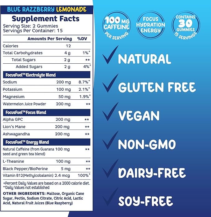 Energy Chews – Blue Razzberry Lemonade (15 Servings) – 100mg Caffeine + Alpha GPC + L-Theanine + B12, Magnesium – Great Taste – No Crash or Jitters