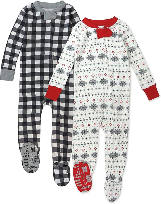 HonestBaby Non-Slip Footed Holiday Pajamas One-Piece Sleeper Zip-Front PJs Organic Cotton for Baby Boys, Girls, Unisex