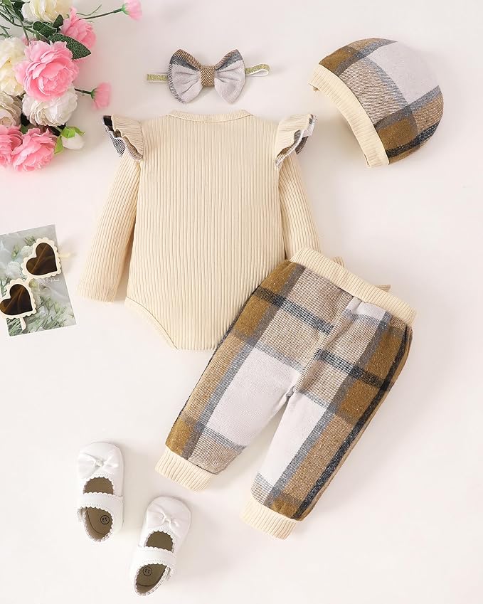 SUNNY PIGGY Baby Girl Clothes Newborn Outfits Infant Ruffle Romper 0-18M Fall Winter Flower Plaid Pants Clothing Set