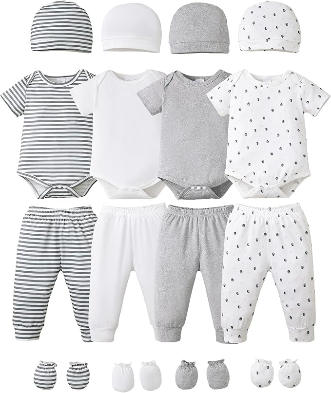 NZRVAWS Newborn Baby Boy Girl Clothes Unisex Infant Romper Pants Set Hat 4-Pack Outfits 0-12 Months 16 Pieces Toddler