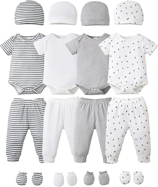 NZRVAWS Newborn Baby Boy Girl Clothes Unisex Infant Romper Pants Set Hat 4-Pack Outfits 0-12 Months 16 Pieces Toddler