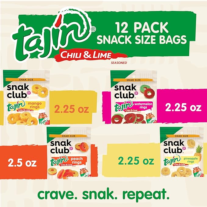 Snak Club Tajin Gummy Candy Fruit Rings, Gummies with Chili and Lime Seasoning, Mild Spice, Gluten-Free and Vegan Snacks, Assorted Variety, Mango, Pineapple, Peach, Watermelon, Snack Size 12 Pack