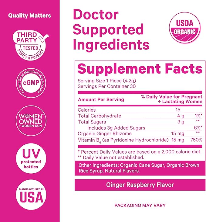 Pink Stork Morning Sickness Sweets, Organic Raspberry Ginger Candy with Vitamin B6, Support for Motion Sickness, Prenatal Heartburn - Pregnancy Must Haves - 30 Wrapped Drops