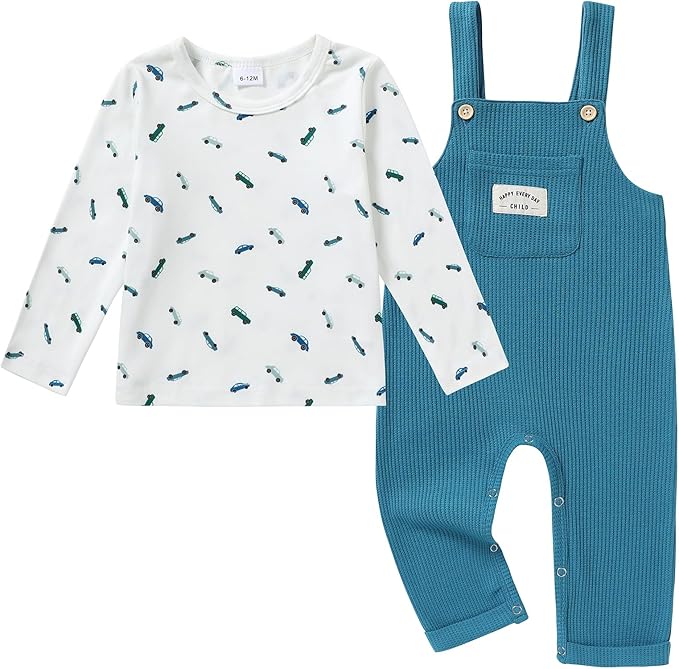 ZOEREA Toddler Baby Boys Clothes Outfit Long Sleeve T-Shirt and Romper Set Cute Jumpsuit Overalls Solid Color 6M-4T