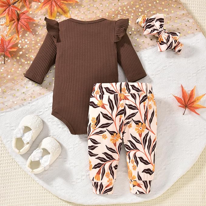 Aalizzwell Preemie Newborn Infant Baby Girls Clothes Ribbed Romper Bodysuit Pants Set Fall Winter Outfits