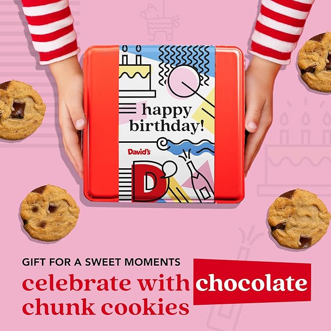 David's Cookies Happy Birthday Chocolate Chunk Cookies Tin 1lb - Handmade and Fresh Baked Gourmet Cookie Gift Basket - Delectable & Made with Premium Ingredients - Ideal Birthday Food Gift For All