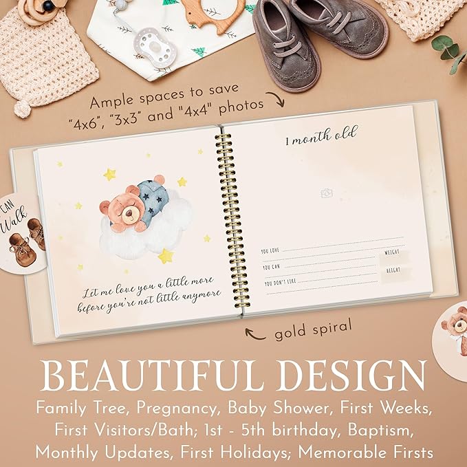 Elegant Design Baby Memory Book for Boy or Girl, Baby 5 Years Journal with Keepsake Sleeve, First Time Mom must have with 24 Baby Milestone Stickers, Scrapbook or Photo Album.