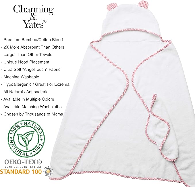 Channing & Yates Premium Boutique Hooded Baby Towels and Washcloth Set - Organic Viscose Made from Bamboo Baby Towel with Hood… (Pink Set)