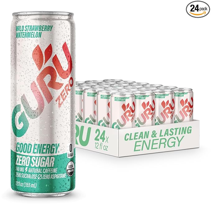 GURU ZERO SUGAR Wild Strawberry Watermelon Organic Energy Drinks, Clean Energy Drink with Plant Based Natural Caffeine from Green Tea, Coconut Water, Prebiotic, Zero Added sugars, Gluten Free and Vegan, Pre Workout, Healthy Drinks, 12oz (Pack of 24)