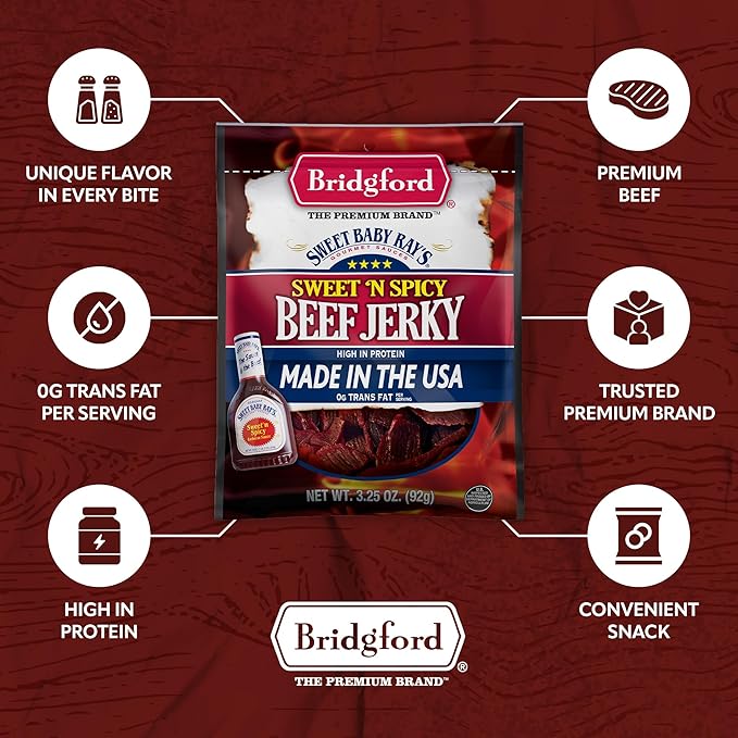 Bridgford Sweet Baby Ray’s Beef Jerky Sweet Teriyaki 10 oz Pack of 4 - High Protein Beef Jerky for Low Carb and High Protein Diets - Ready-to-Eat Snacks for On the Go Snacking and Busy Lifestyles