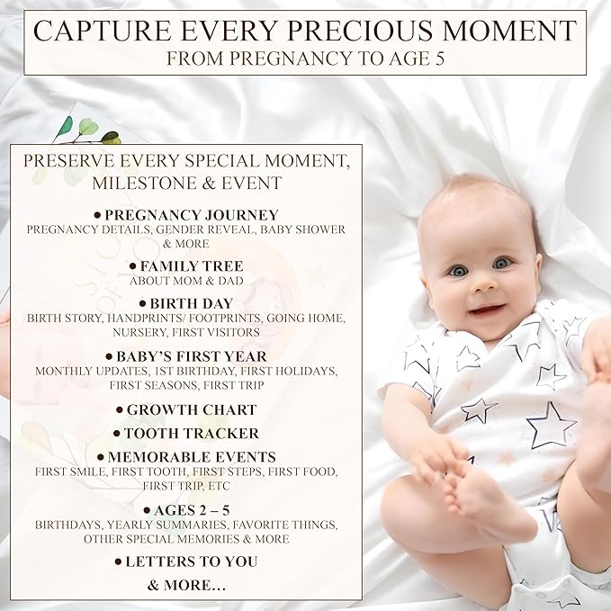 Modern Baby Memory Book Gender Neutral with Ample Photo Space, First 5 Year Journal Baby Book Keepsake with Spacious Pregnancy Section, Scrapbook Baby Photo Albums, Ideal for Baby Shower Gifts