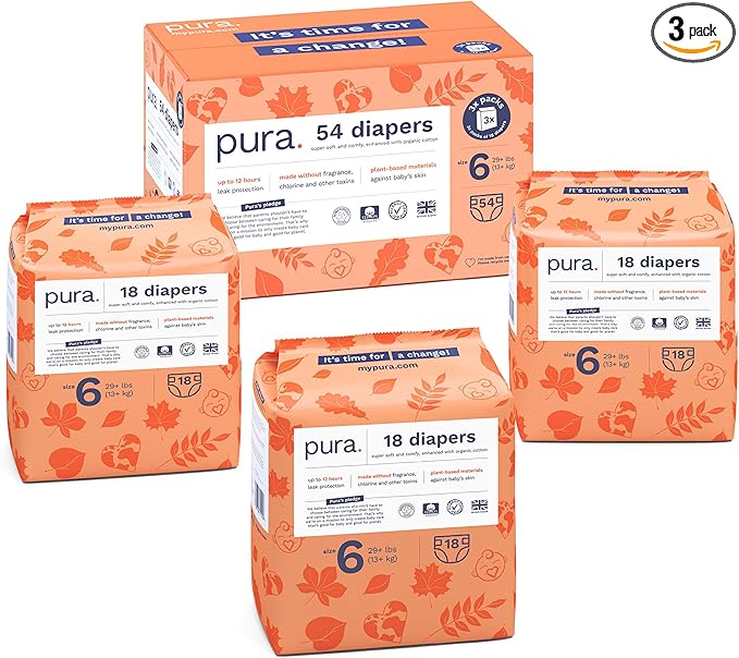Pura Size 6 Eco-Friendly Diapers (29+ lbs) Hypoallergenic, Soft Organic Cotton, Sustainable, up to 12 Hours Leak Protection, Allergy UK, Recyclable Paper Packaging, 18 Count (Pack of 3) (54 Diapers)