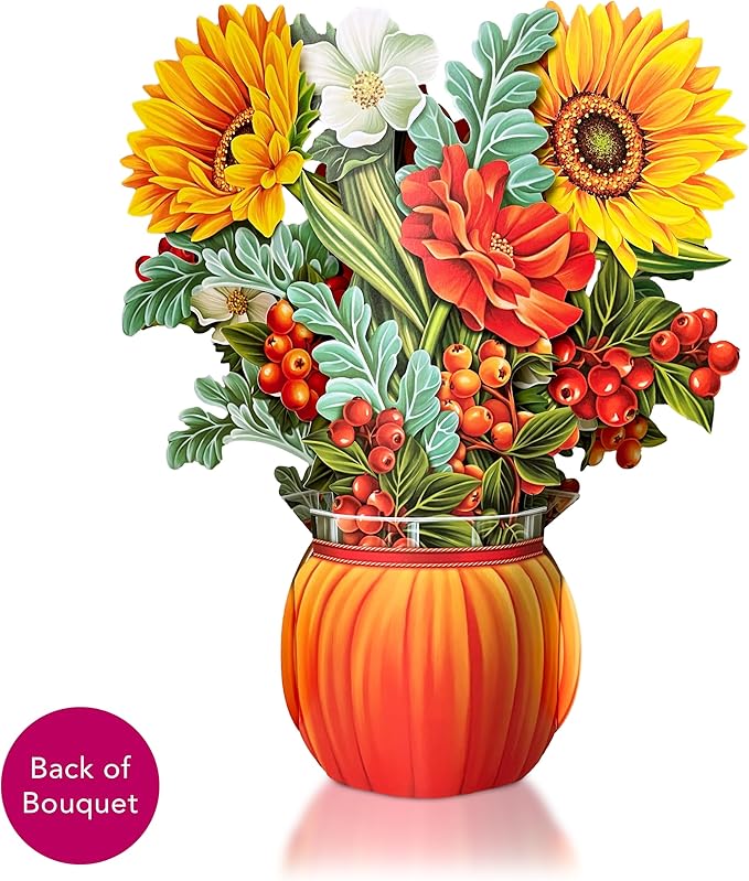 Freshcut Paper Pop Up Cards, Pumpkin Harvest, 12 Inch Life Sized Forever Flower Bouquet 3D Popup Greeting Card, Autumn Cards, Birthday Card, Blank Notecard & Envelope