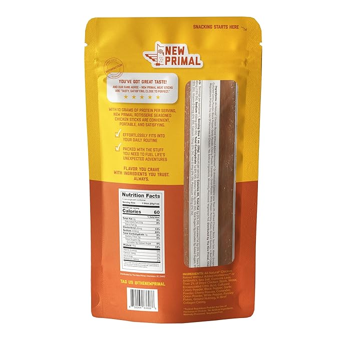 New Primal Rotisserie Chicken Sticks, Zero Sugar High Protein Snack, Gluten Free Whole30 Healthy Snacks, Keto and Paleo Friendly, Jerky Meat Stick, 10g Protein, 5 Count
