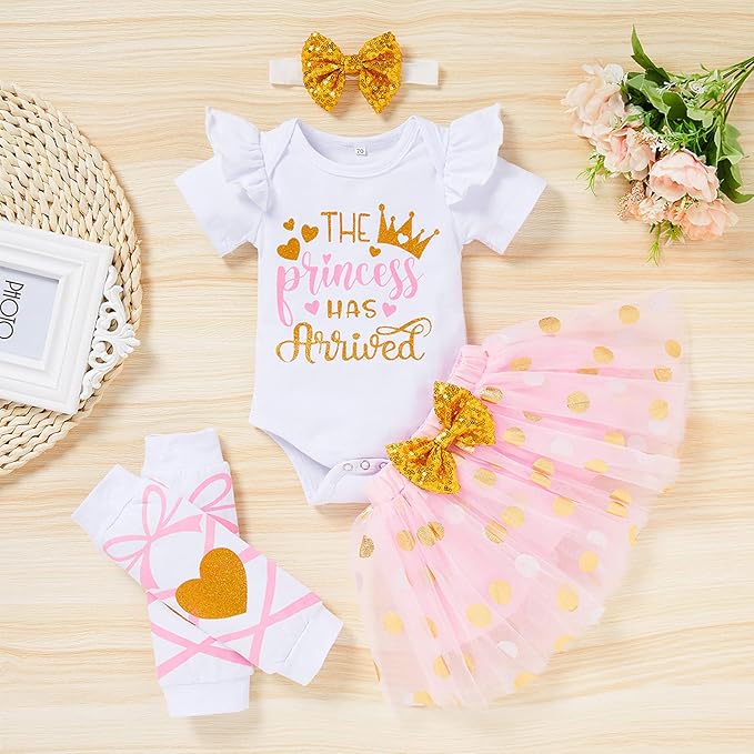 Newborn Baby Girl Outfits Infant Letter Print Romper+Tutu Skirt+Headband+Legging Warmer Coming Home Clothes Set