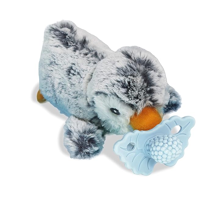 RaZbaby Penguin RaZbuddy w/RaZberry Teething Relief Pacifier – Soothes Sore Gums w/Nature-Inspired Texture, 100% BPA-Free Silicone Teether, Detachable Stuffed Animal – 3 Months+ Teether, Blue
