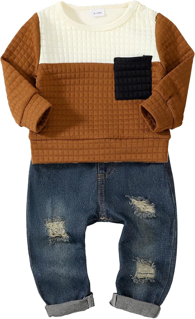 NZRVAWS Toddler Baby Boy Clothes Pullover Sweater Ripped Jean Sweatsuit Little Boy Outfit Fall Winter Clothing Set 6M-7T