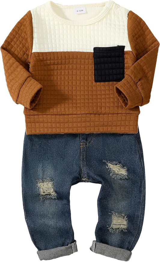 NZRVAWS Toddler Baby Boy Clothes Pullover Sweater Ripped Jean Sweatsuit Little Boy Outfit Fall Winter Clothing Set 6M-7T