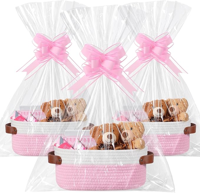 Colingmill 3 Pack Small Woven Basket for Gifts with Handles Clear Bags and Ribbons Empty Storage Basket Decorative Chest Box for Halloween Thanksgiving Day Birthday(White and Pink,12"x 8"x 5")