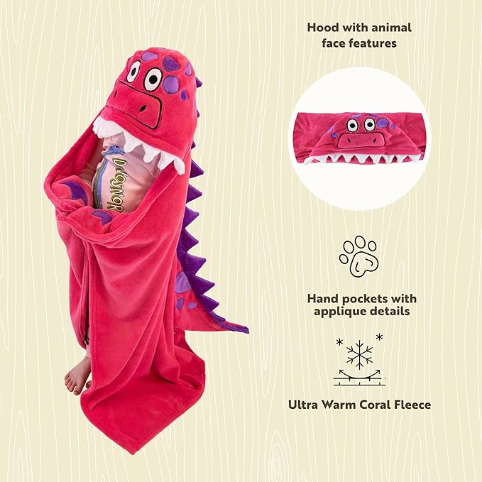 Lazy One Wearable Hooded Blanket for Kids, Animal Hooded Blanket (Pink Dinosaur)