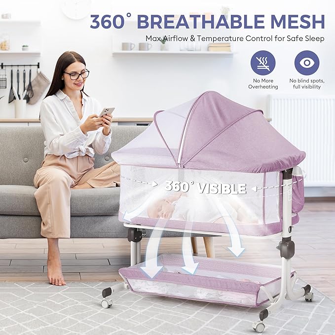 Baby Bassinet Bedside Sleeper, Upgraded Stability Bedside Crib with Full Mesh Sides, Soft Sheet, 6-Height Adjustment, Storage Basket, Easy Folding Portable Bassinet for Newborns,Pinkish Purple