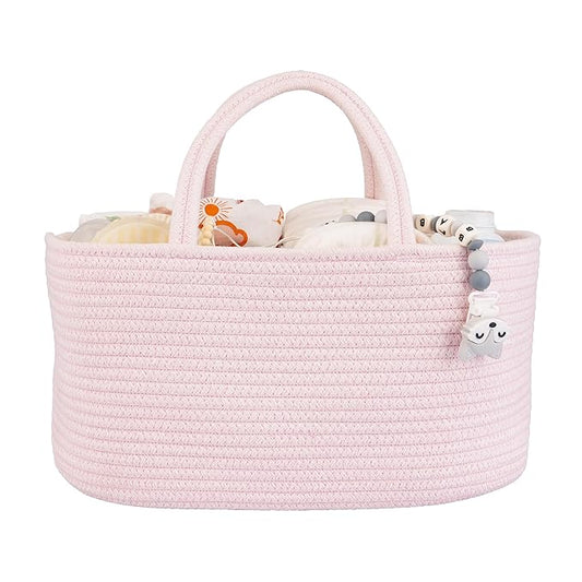Large Baby Diaper Caddy Organizer for Girl Boy Rope Nursery Storage Bin Basket Portable Holder Tote Bag for Changing Table Car Travel Baby Shower Gifts Newborn Essentials Registry Must Haves Pink