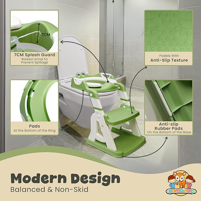 Potty Training Seat & Step Stool – Safe Triangular Frame, 5 Height Levels, Soft Cushion, Anti-Slip Design, Foldable 2-in-1 Toilet Trainer for Toddlers